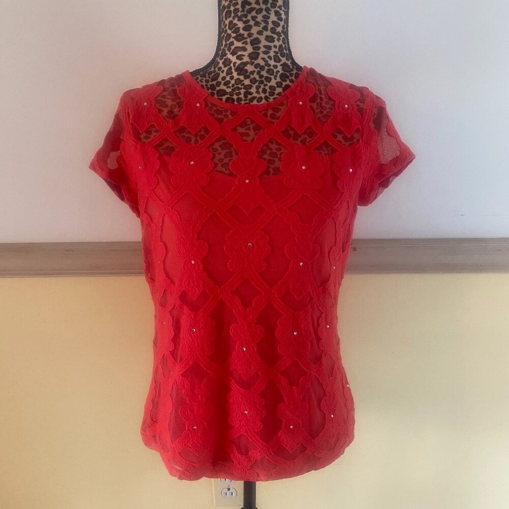 INC International Concepts Women's Coral Top Sheer Applique Bead Cap‎ Sleeve L17